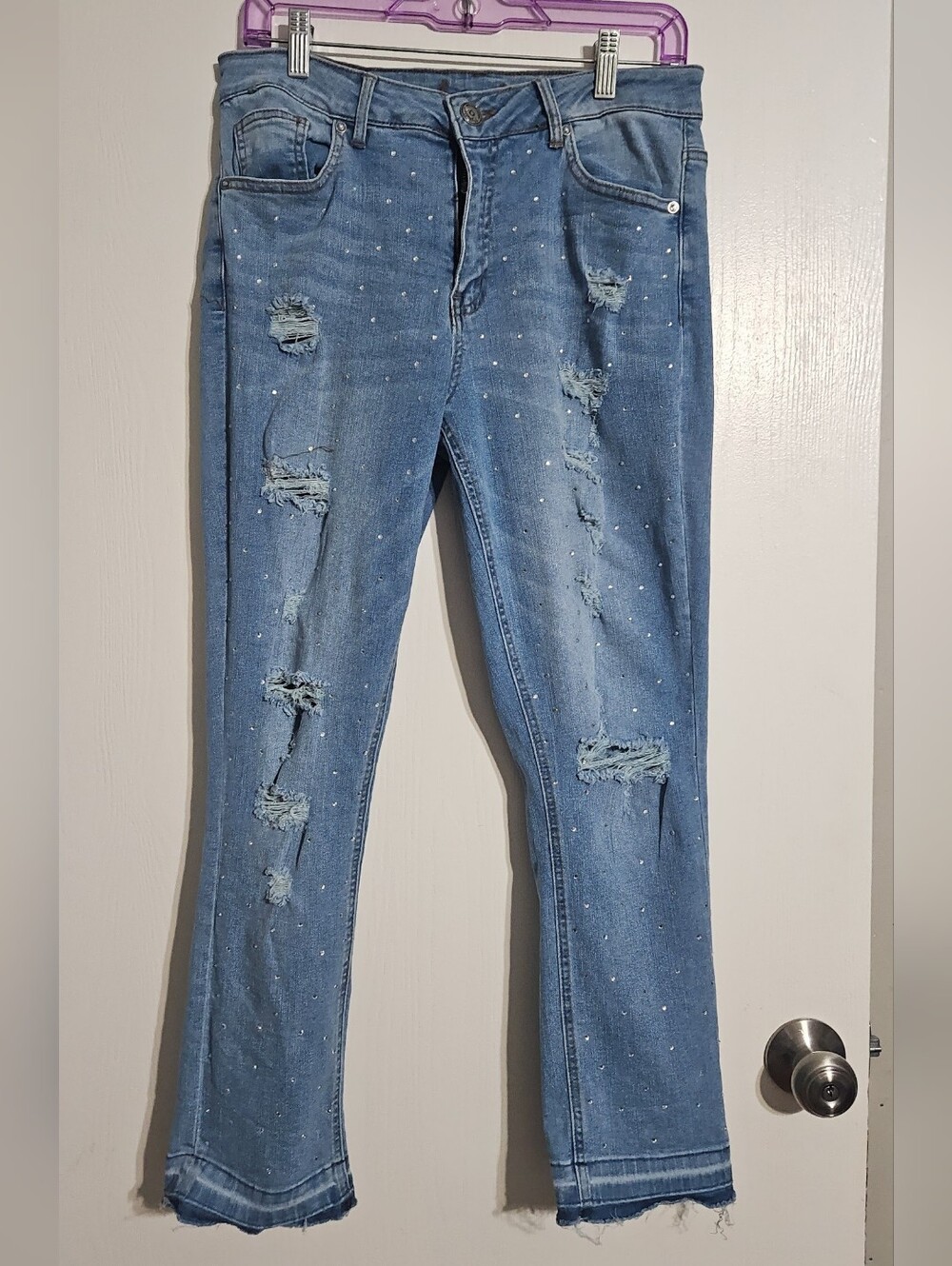 Light Blue Distressed Skinny Jeans with Stud Accents